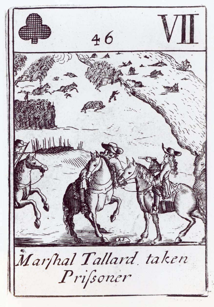 Marshal Tallard Taken Prisoner, Seven of Clubs Playing Card from a Set Commemorating the War of the Spanish Succession by Robert Spofforth