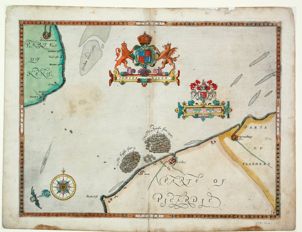 Dover to Sandwich and Blacknerse to Gravelines - The Spanish Armada and the English Fleet off Calais, c. 1590 by Robert (after) Adams
