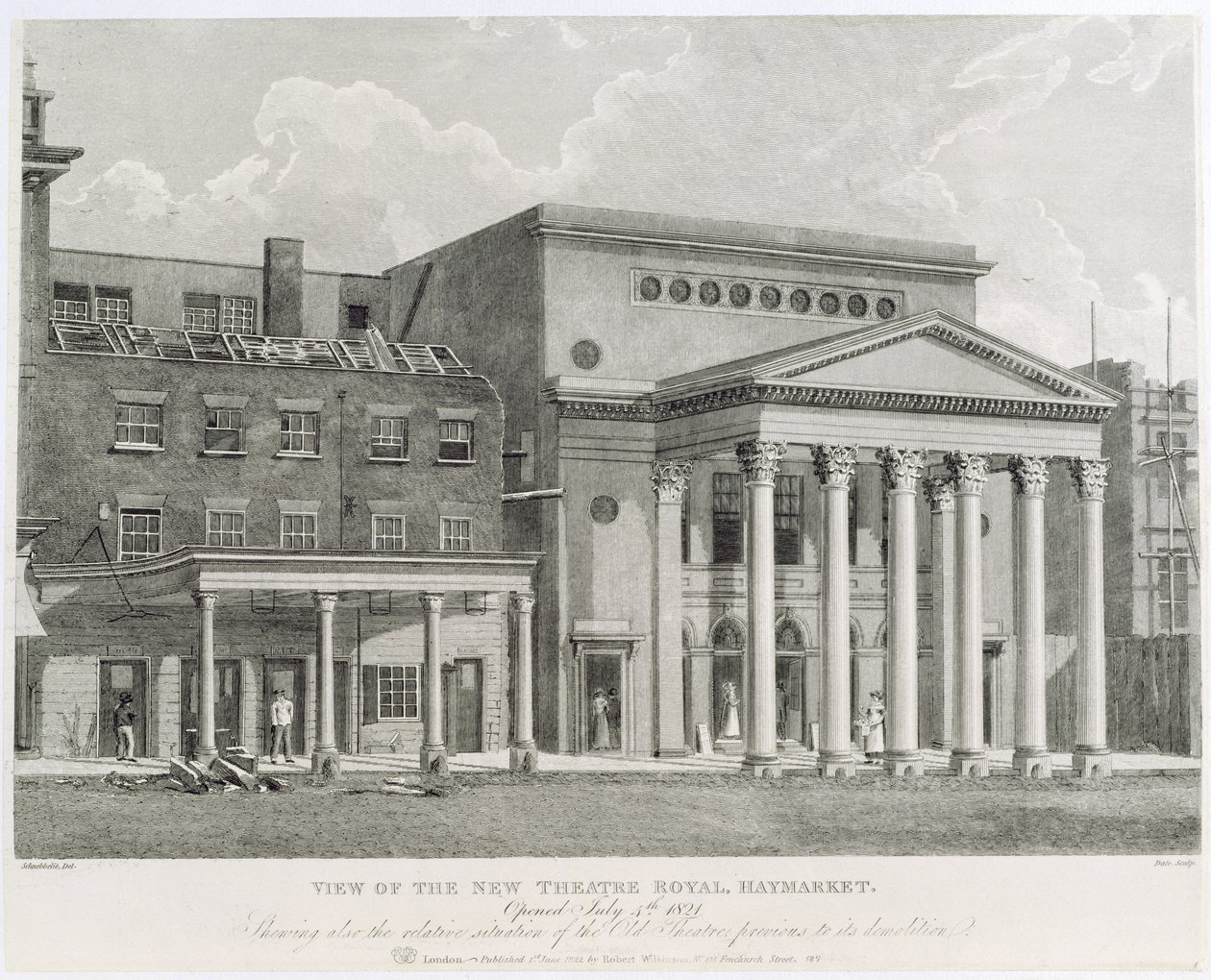 View of the New Theatre Royal, Haymarket, Opened July 4th 1821, Showing also the Relative Situation of the Old Theatre Previous to its Demolition, engraved by Dale, 1822 by Robert Blemell Schnebbelie