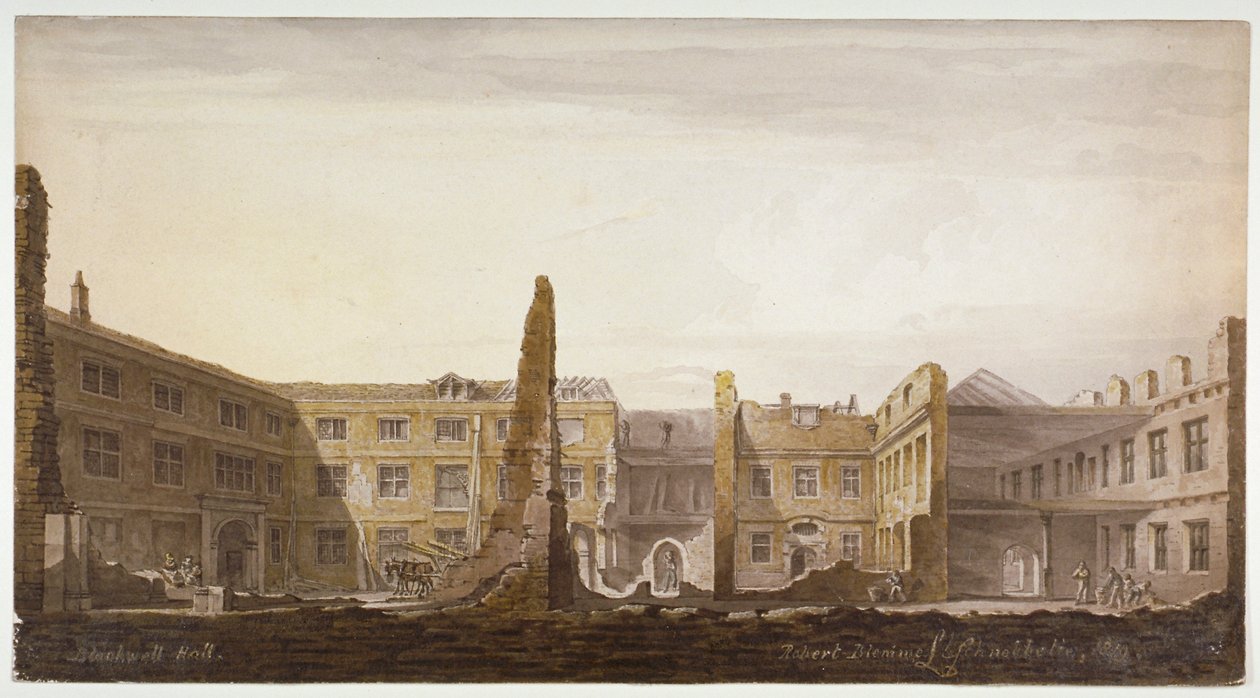 Blackwell Hall during demolition, City of London by Robert Blemmell Schnebbelie