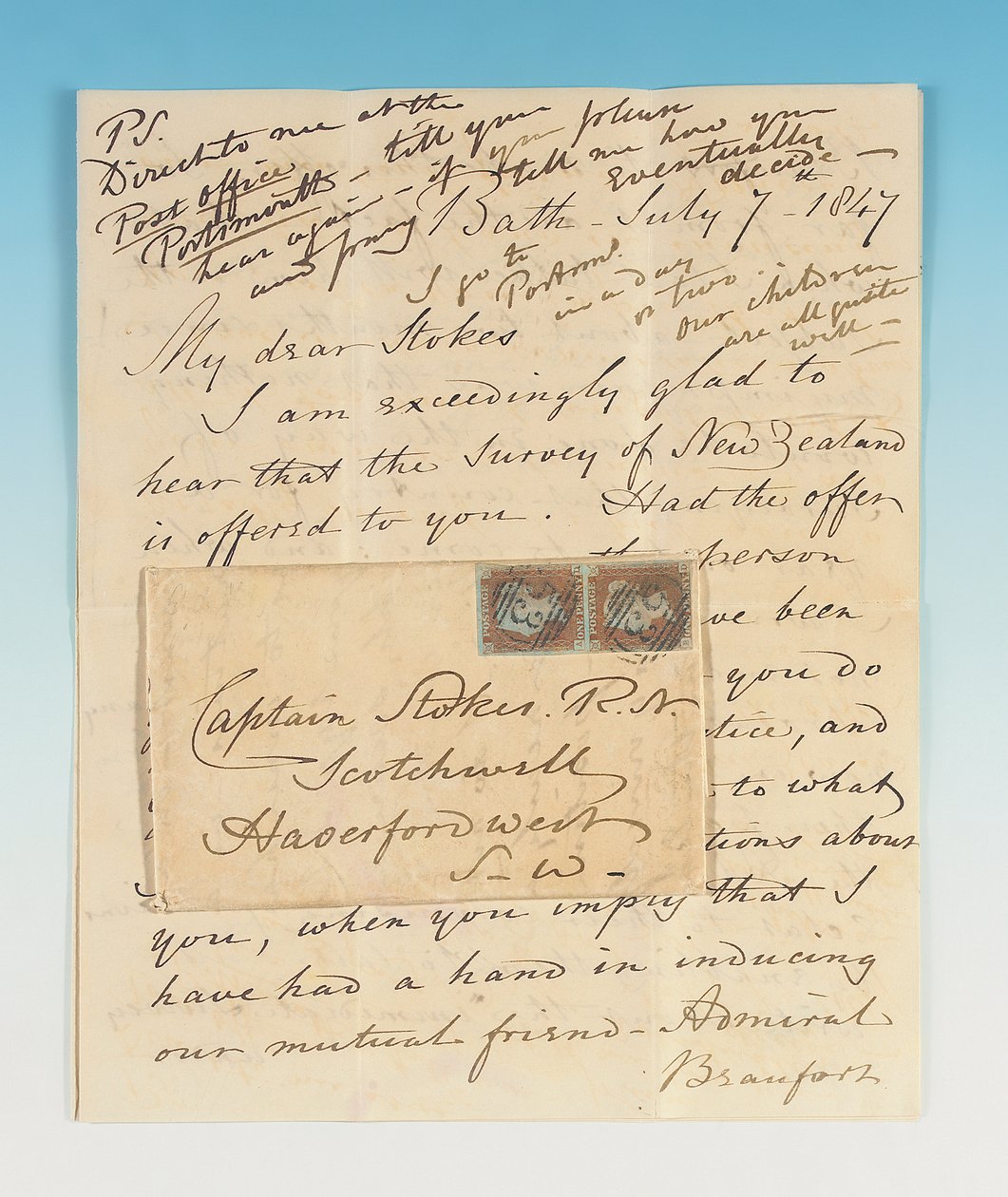 Autograph Letter Signed to John Lort Stokes, Bath, 7 July 1847 by Robert Fitzroy