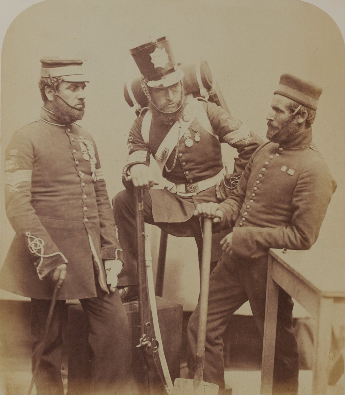 Colour-Sergeants J. Stanton, Kester Knight and W. Bruce, Royal Sappers and Miners, 1856 by Robert Howlett