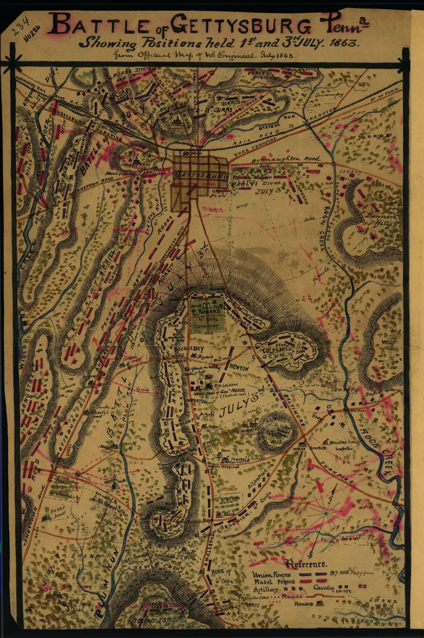 Battle of Gettysburg, Pennsylvania: Showing Positions Held 1st and 3rd July 1863 by Robert Knox Sneden