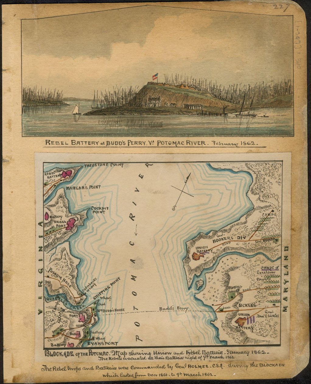 Blockade of the Potomac. Map Showing Union and Rebel Batteries January 1862. The Rebels Evacuated All Their Batteries Night of 4th March 1862. by Robert Knox Sneden
