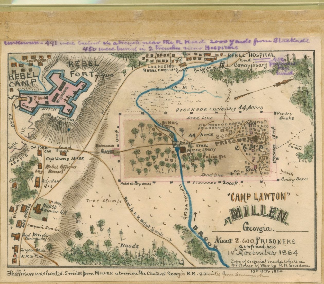Camp Lawton at Millen, Georgia - About 8,600 Prisoners Confined Here 14th November 1864 by Robert Knox Sneden