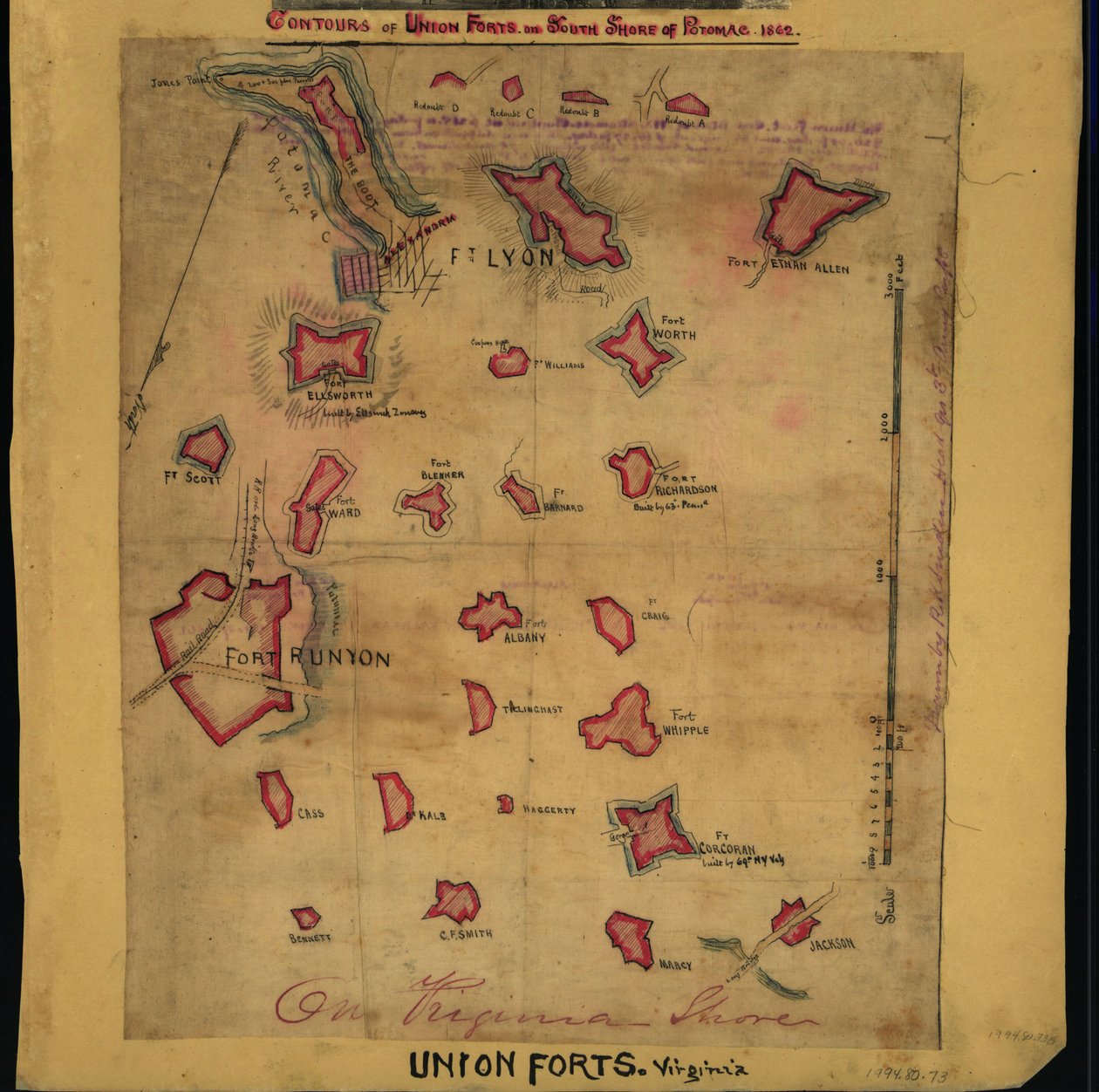 Contours of Union forts on south side of Potomac, 1862 (map) by Robert Knox Sneden