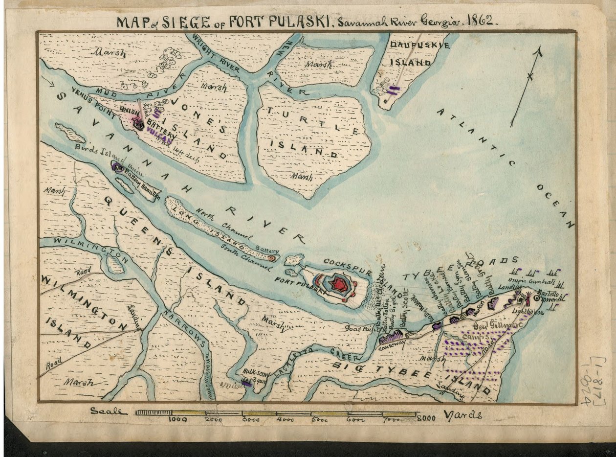 Map of Siege of Fort Pulaski - Savannah River Georgia, 1862 by Robert Knox Sneden