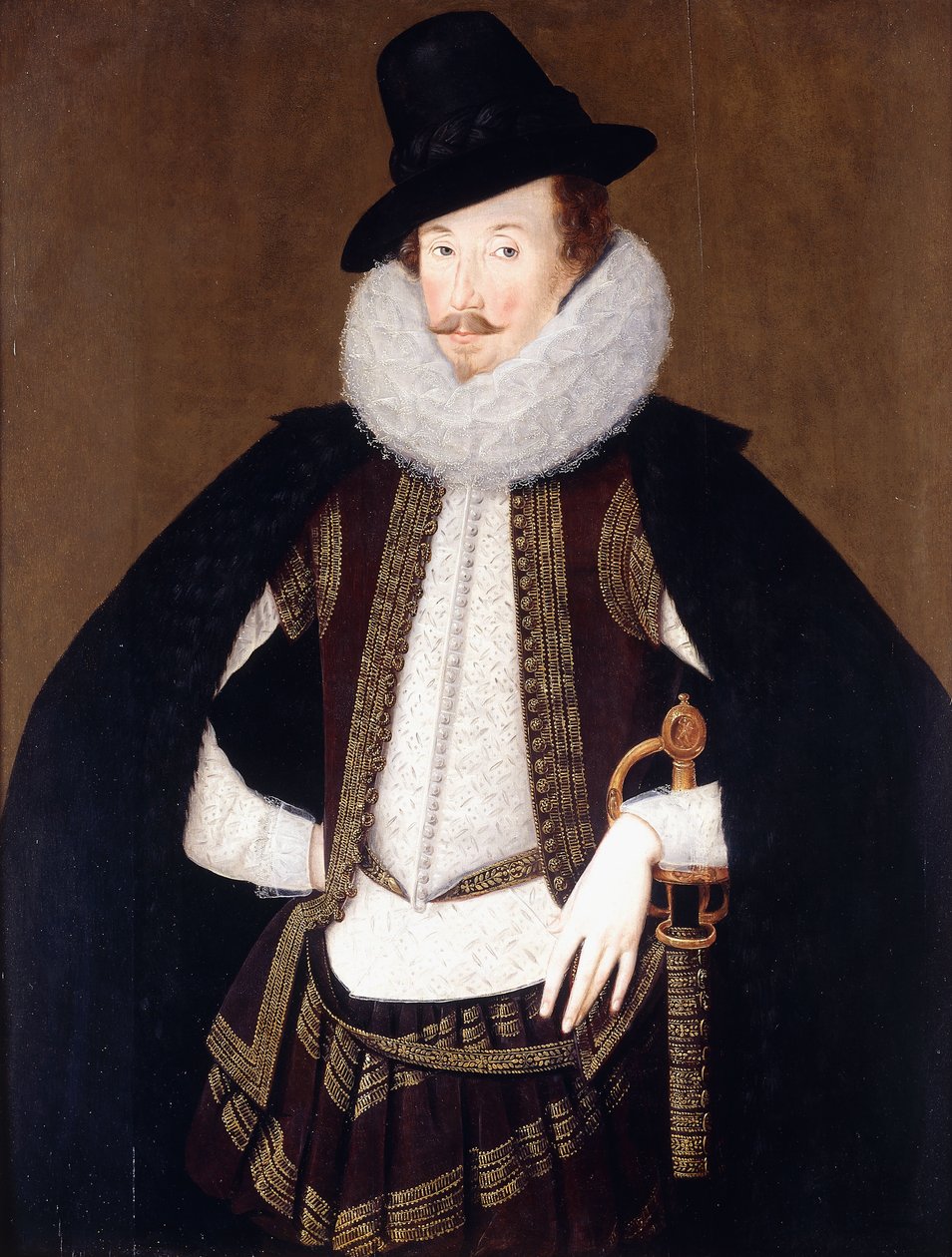 Portrait of Sir Charles Cornwallis, in a Fur Trimmed Black Cloak, White Doublet and Brown, Gold Embroidered Waistcoat by Robert Peake