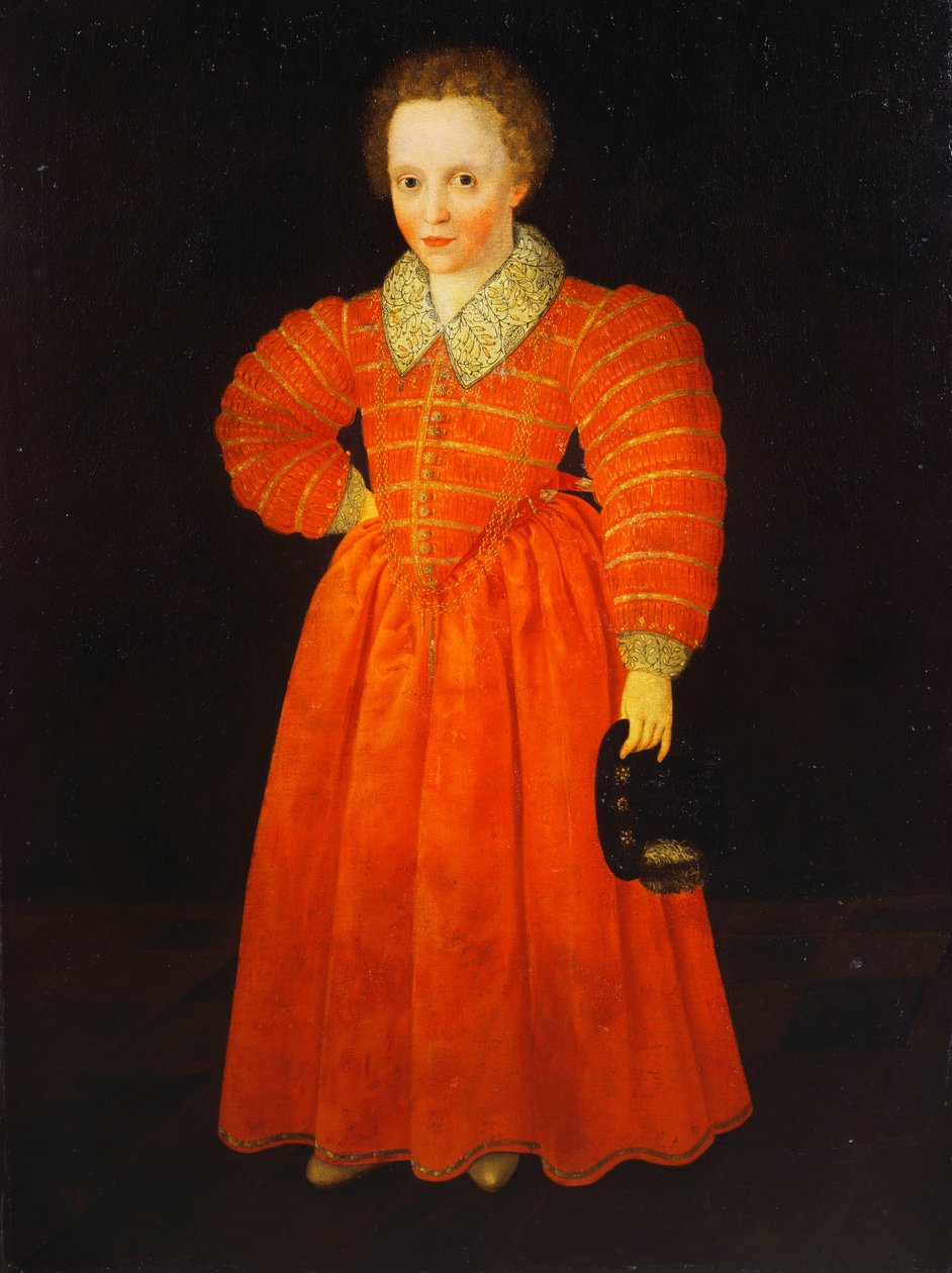 Portrait of a Little Boy Standing Full Length Wearing a Red Dress within a White Lace Collar Holding a Black Hat