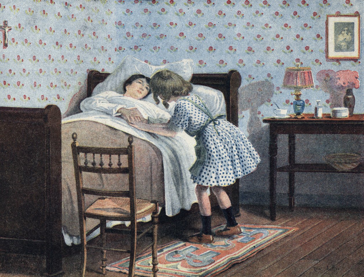 A little girl at the bedside of her sick mother awaits her war. Illustration by Robert Salles (1871-1929) in 