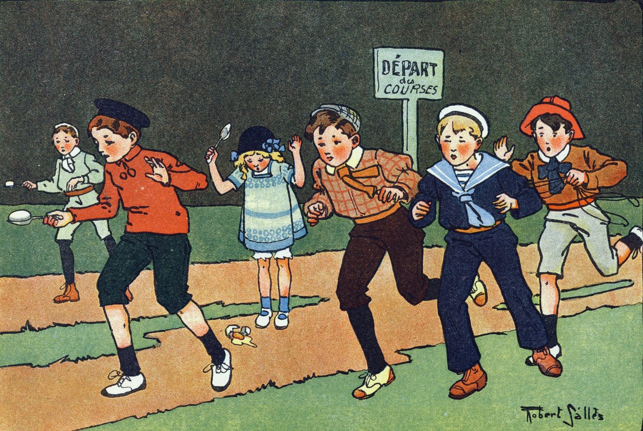 The egg race. Engraving in "What are we playing?" by E. Weber with watercolour drawings by Robert Salles. Librairie Garnier Freres, Paris by Robert Salles