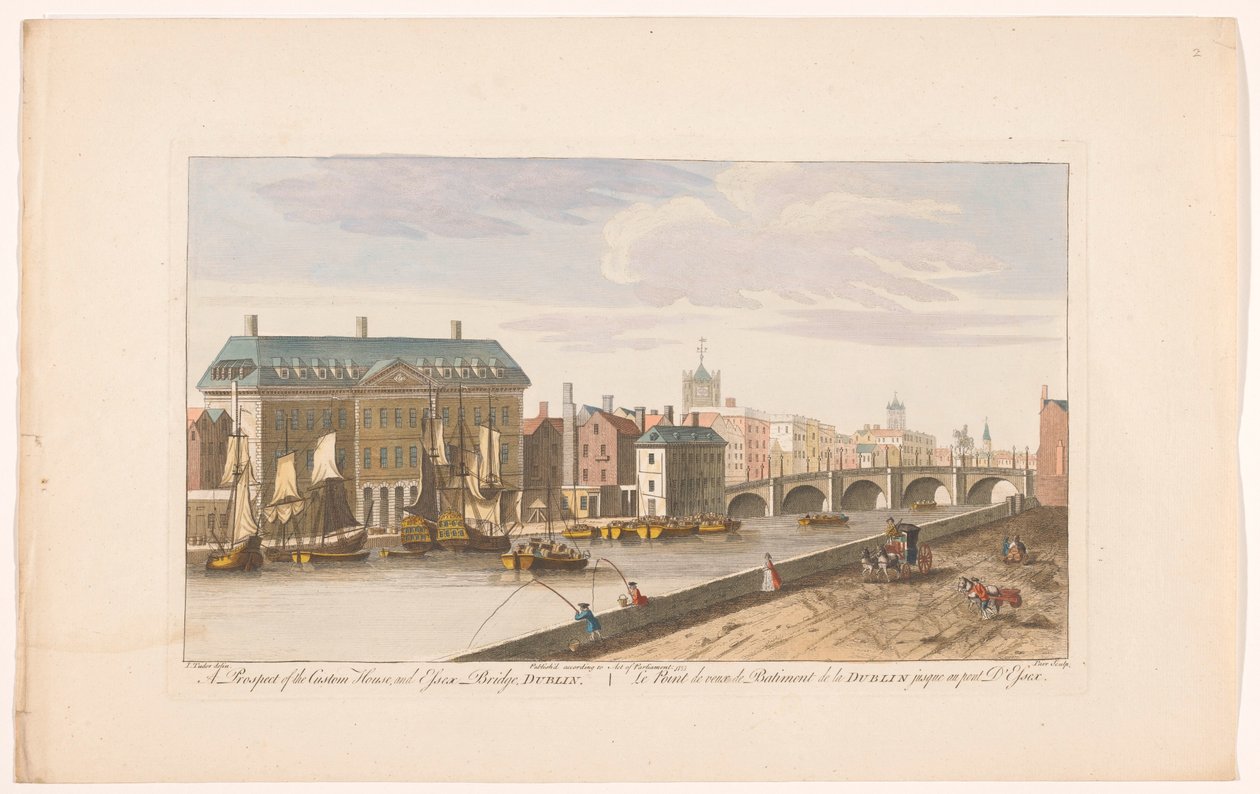 View of the Custom House and the Essex Bridge over the River Liffey in Dublin (A Prospect of the Custom House, and Essex Bridge, Dublin) by Robert Sayer (possibly)