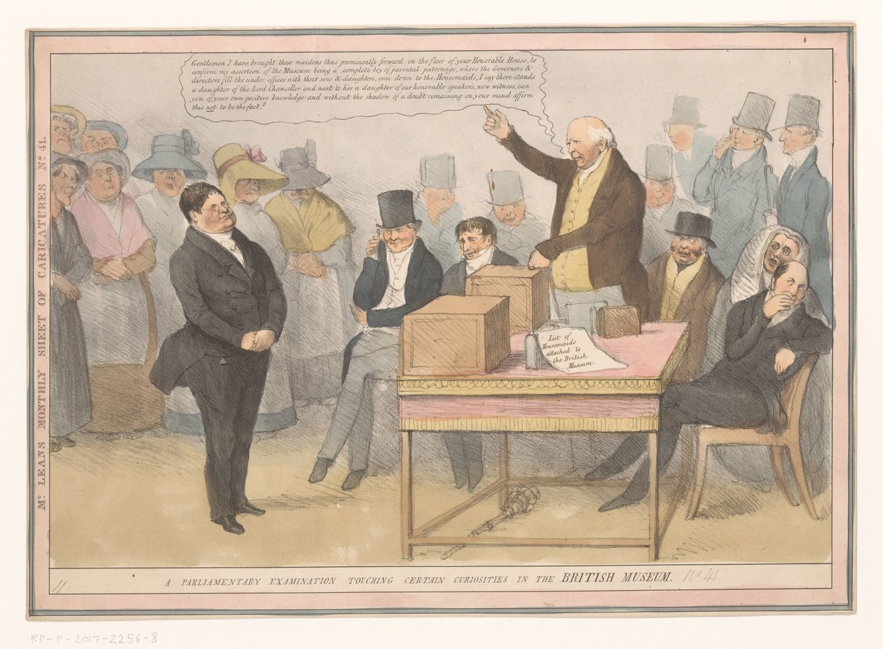 Caricature About the British Museum (A Parliamentary Examination Touching Certain Curiosities in the British Museum) (Monthly Sheet of Caricatures No. 41) by Robert Seymour (possibly)