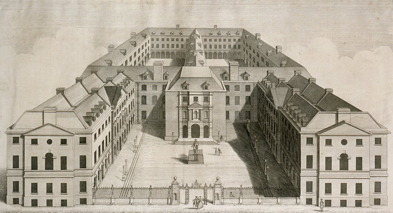 Birds-eye View of Guys Hospital, Southwark, with Figures in the Courtyard, engraved by William Henry Toms, c.1756 by Robert West