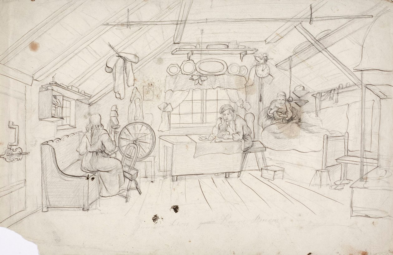 Interior with Three People: One Drinking Coffee in Bed, One Eating Porridge at the Table, and One by the Spinning Wheel by Robert Wilhelm Ekman