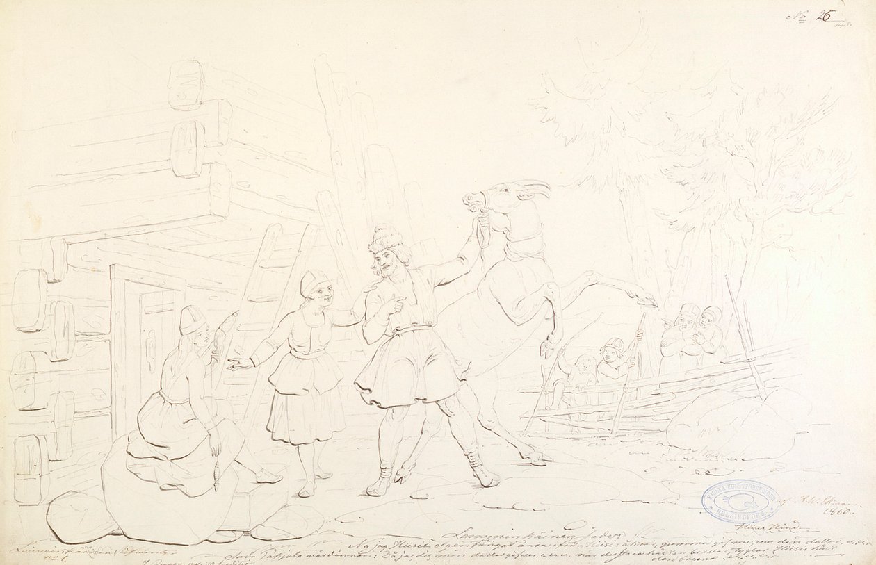 Lemminkäinen and the Hiisi Elk; Original Drawing for the Series "Kalevala, Finnish National Epic, Depicted in Drawings by R.W. Ekman" by Robert Wilhelm Ekman