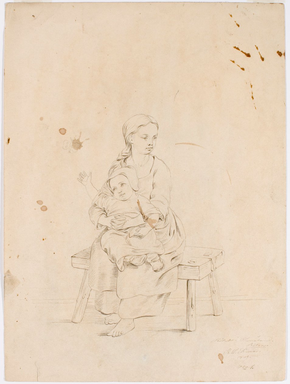 Young Woman Sitting on a Bench with a Small Child in Her Lap by Robert Wilhelm Ekman
