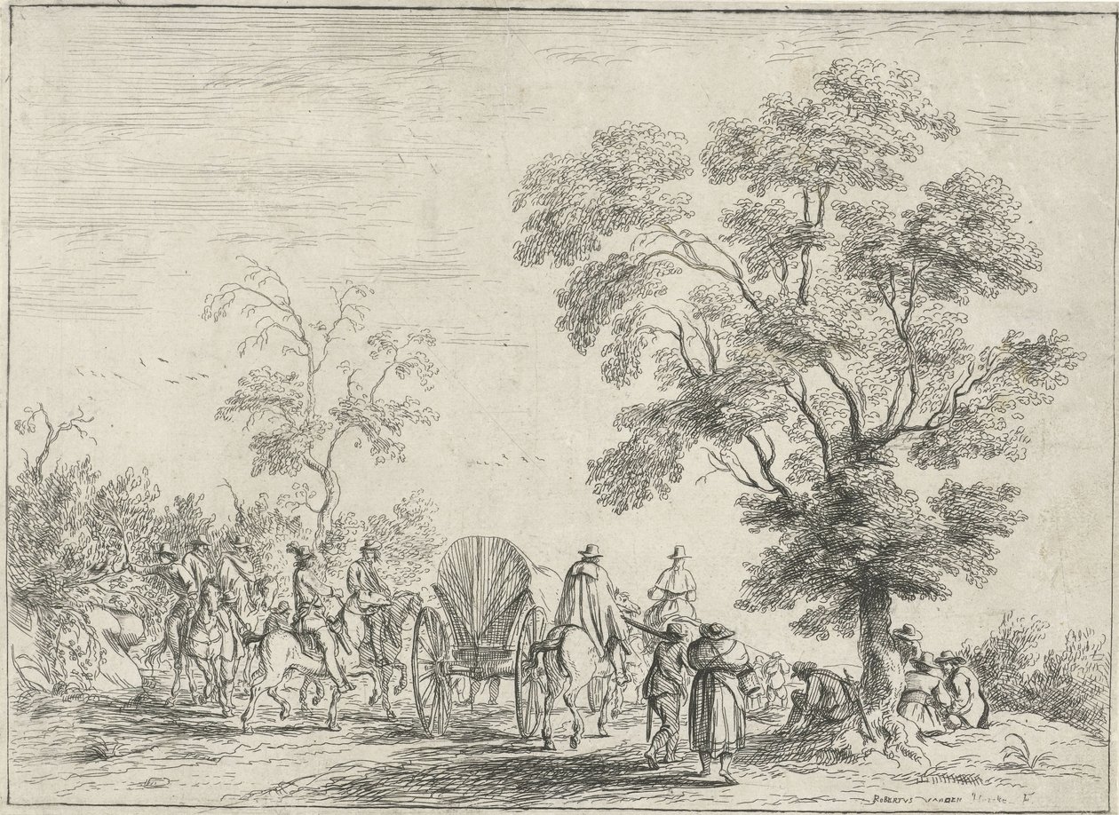 Covered Wagon Escorted by Riders by Robert van den Hoecke