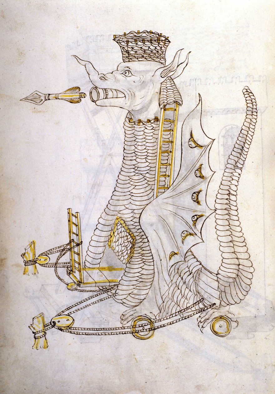 Arabica Machina. Illustration of an Arab War Machine in the Shape of a Dragon with Giant Arrows Coming Out of Its Mouth. In 