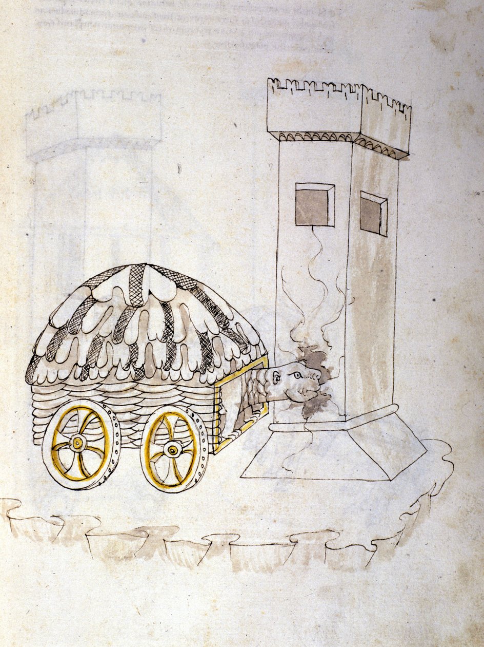 Art of War: Study on Military Machines. A Machine Equipped with a Shell Assaulting a Tower, Illustration from 