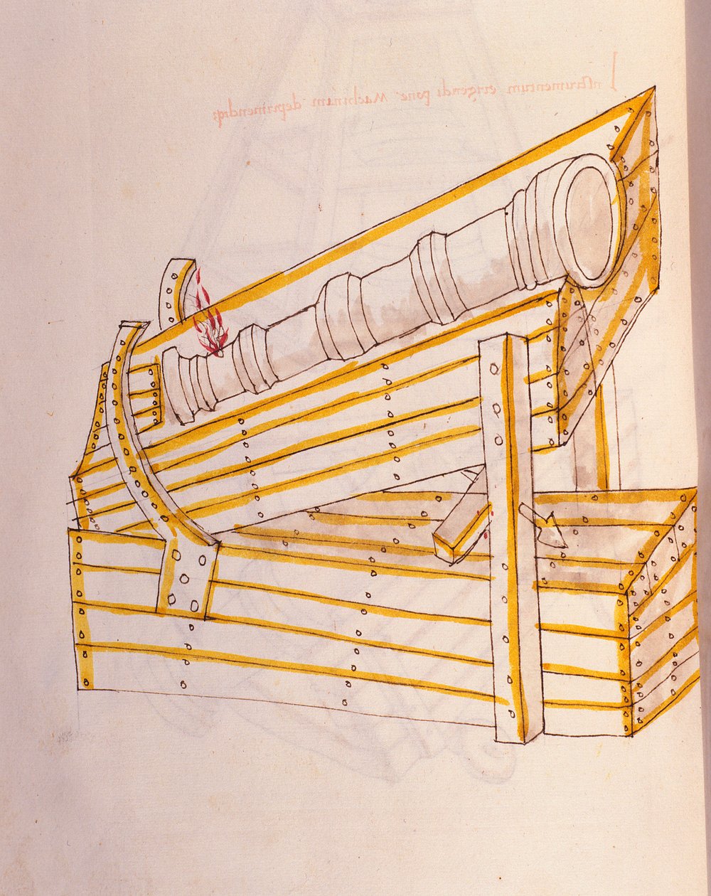Art of war: study on military machinery. Canon poses on its watch, with a system to lift it, illustration from 