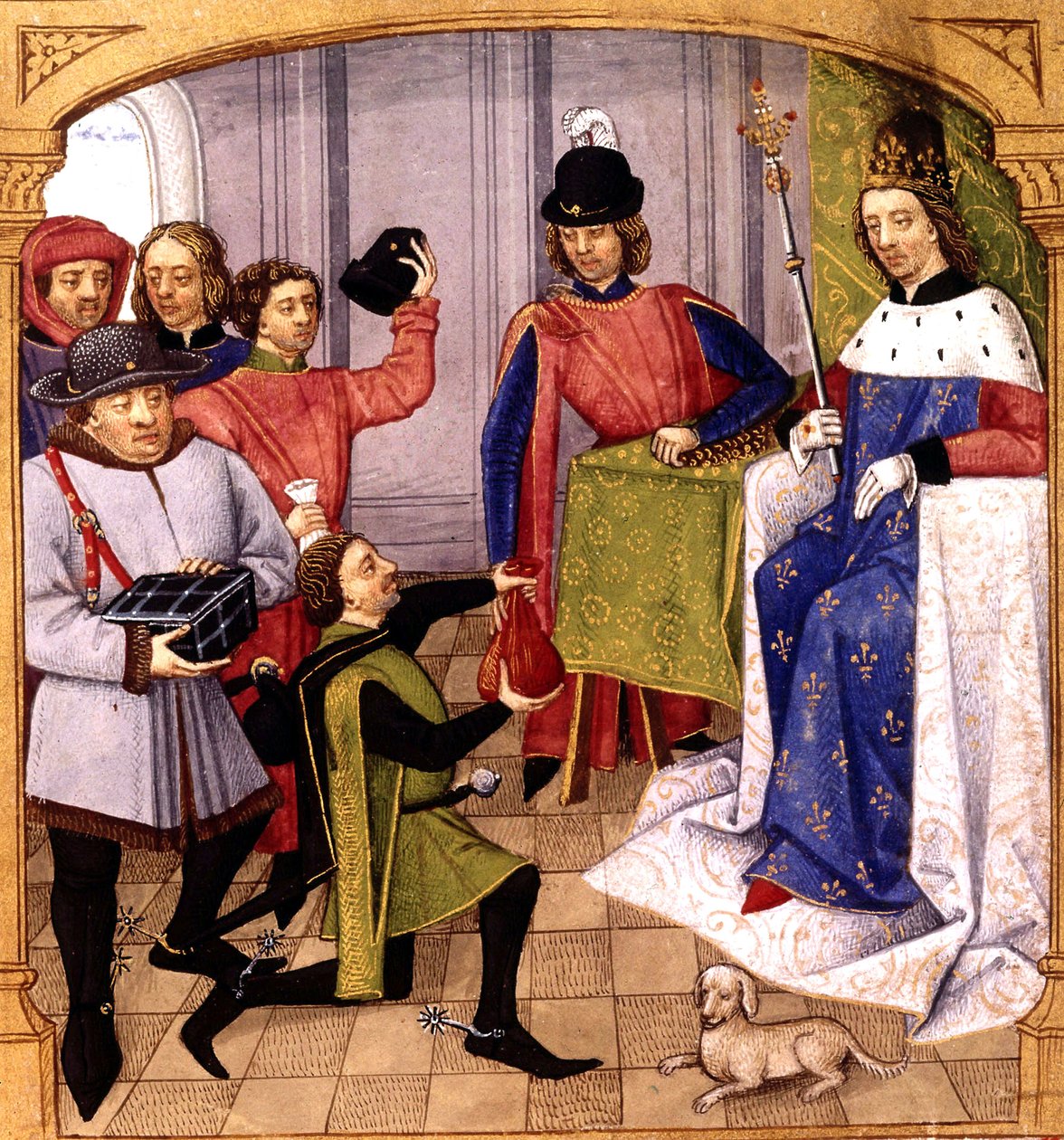 French King Philip V (1293-1322) receiving tax, illumination by Robinet Testard from 
