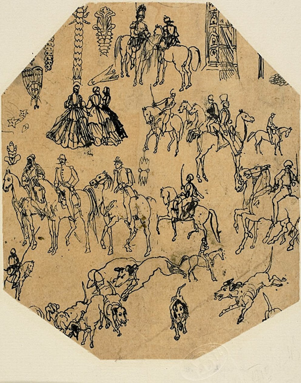 Sheet of Sketches: Hounds, Riders, Ladies. Architectural Elements, Insects by Rodolphe Bresdin