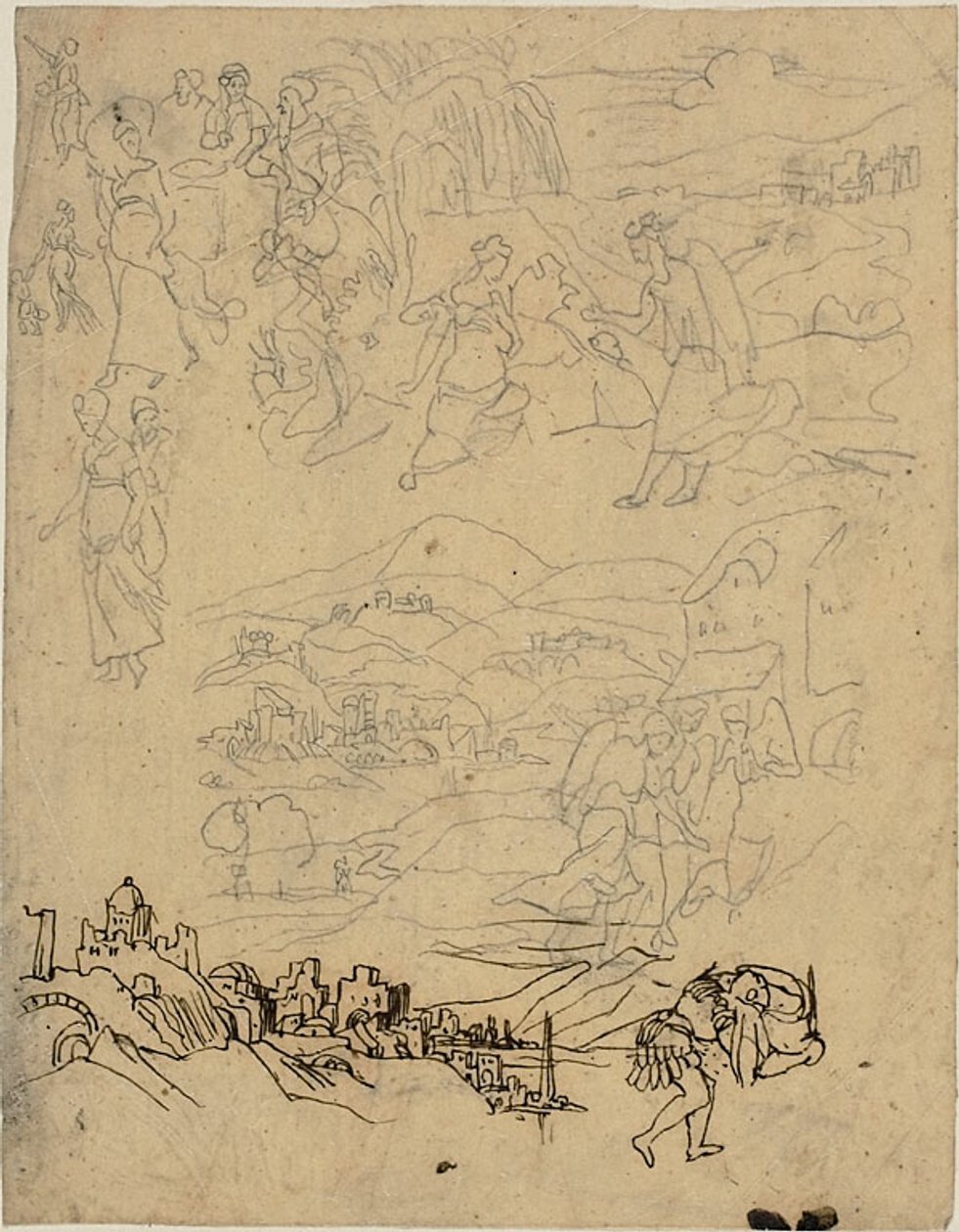 Sketches of Biblical Scenes, Town by Lake, Mountain Village, Warrior by Rodolphe Bresdin