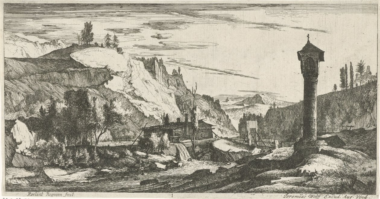 Mountainous Landscape with Column by Roelant Roghman