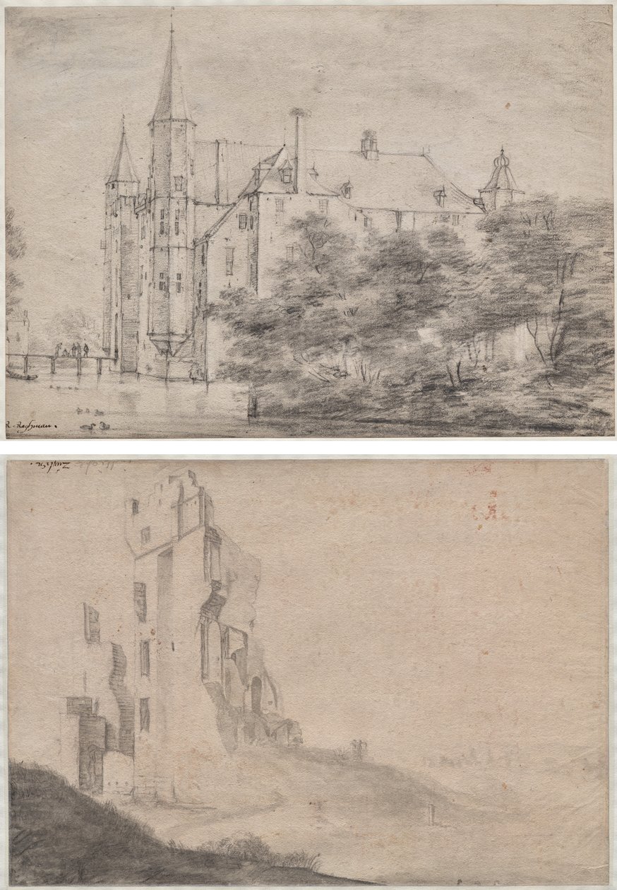 Zuylen Castle Near Utrecht (recto)/Ruin of the Huis Ter Kleef near Haarlem (verso) by Roelant Roghman