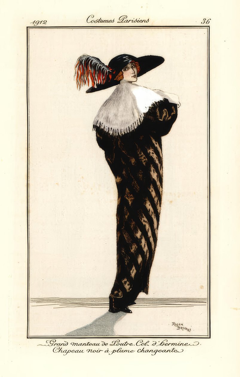 Woman in Long Coat of Otter Fur with Ermine Collar by Roger Broders