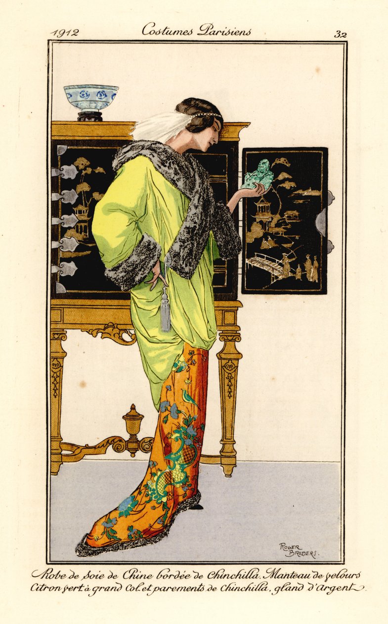 Woman in Silk Dress with Chinchilla Trim, Lemon-Green Velvet Cape with Chinchilla Collar and Cuffs, Holding a Jade Buddha. Chinese Cabinet in the Background by Roger Broders