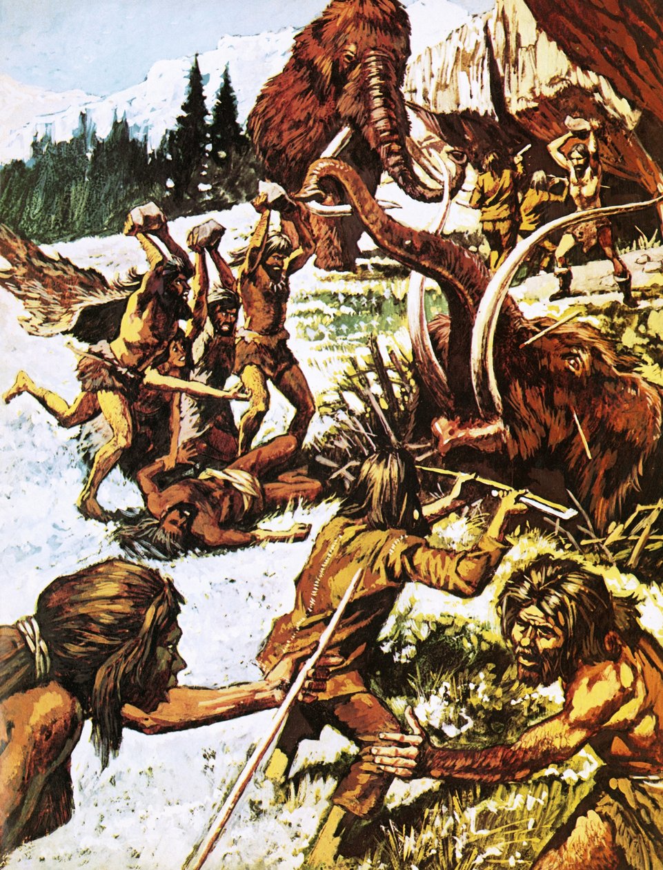 Pre-historic men attacking mammoths by Roger Payne