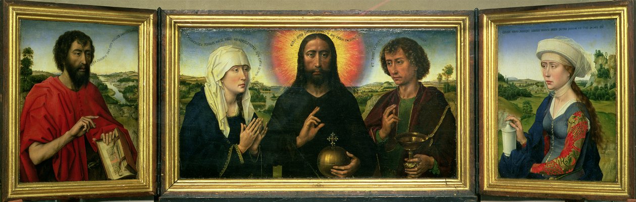 The Braque Family Triptych: (LtoR) St. John the Baptist, Christ the Redeemer between the Virgin and St. John the Evangelist, St. Mary Magdalene by Rogier van der Weyden