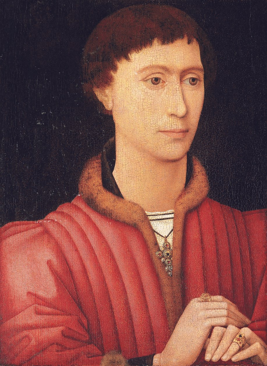 Portrait of a young man, bust-length, in a fur-trimmed red doublet by Rogier van der (circle of) Weyden