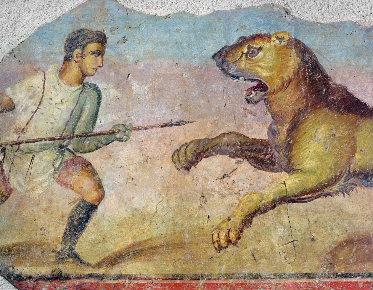A Gladiator Fighting a Lion, from the Merida Amphitheatre by Roman