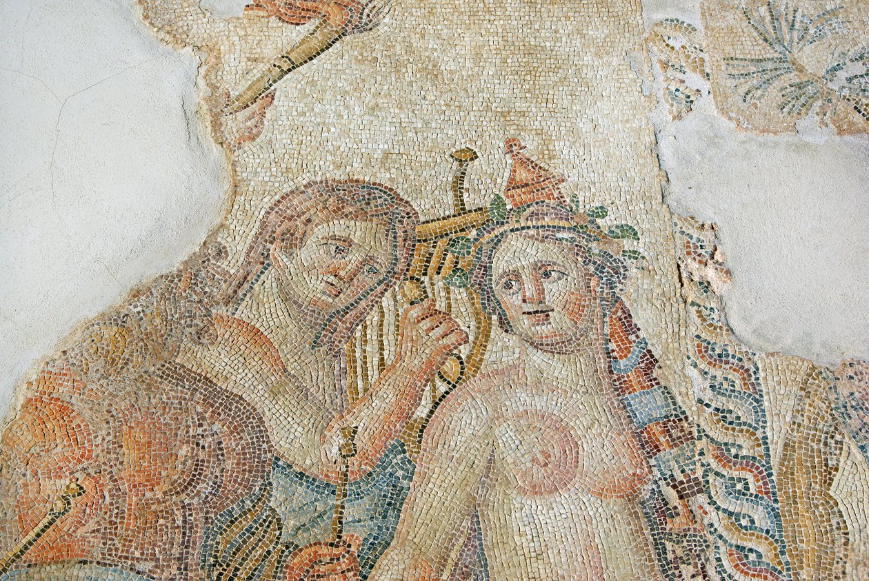 A centaur charms a Maenad (detail) from The Triumphant Procession of Dionysos, House of Aion, Paphos, Cyprus by Roman