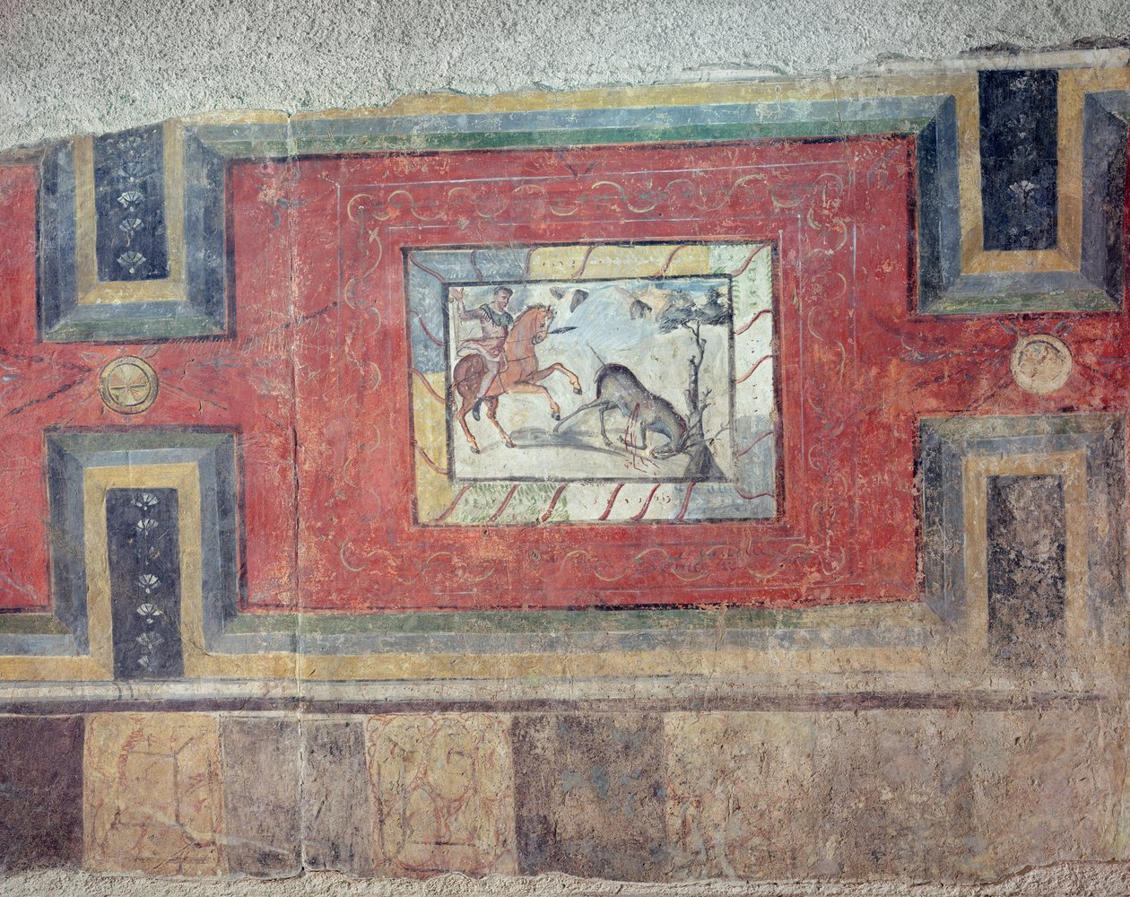 A wall painting showing a hunting scene, from a recreation of the interior of a Roman house by Roman