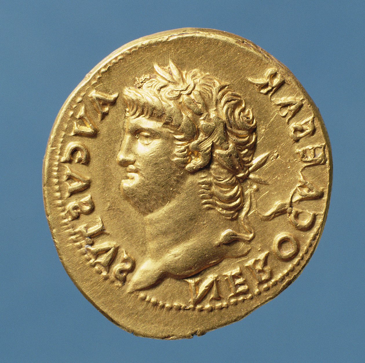 Aureus (obverse) of Nero wearing a laurel wreath. Inscription: NERO CAESAR AVGVSVS by Roman