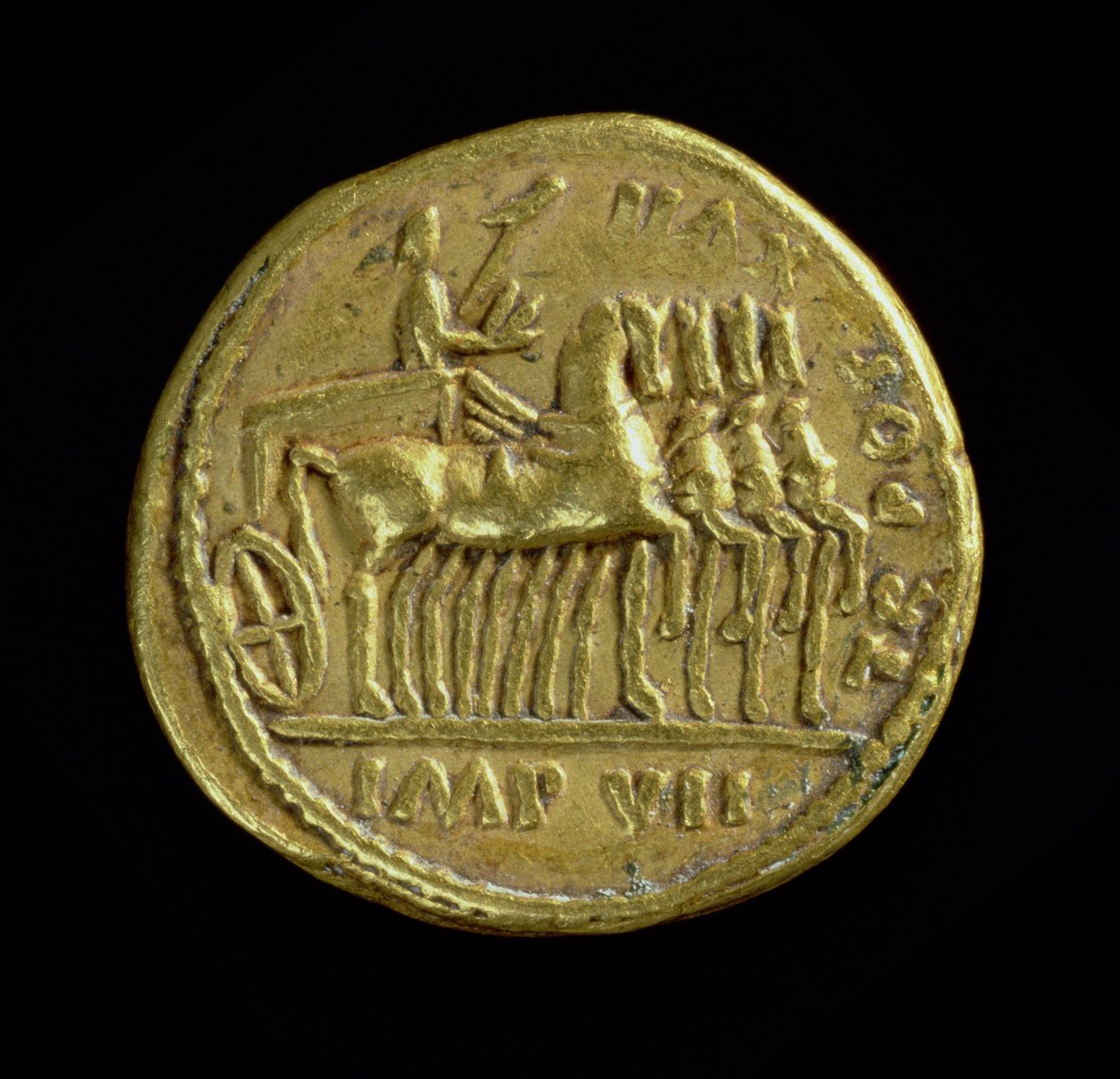 Aureus (reverse) of Tiberius (AD 14-AD 37) depicting the emperor in a four-horse chariot right. Inscription: TR POT XVII IMP VII by Roman