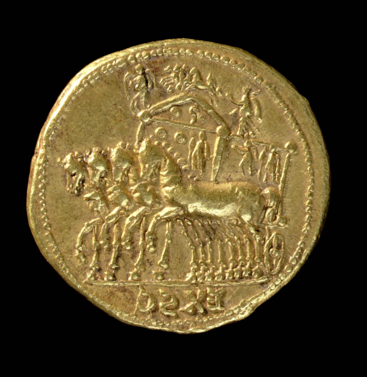 Aureus (reverse) of the deified Claudius (AD 41-AD 54) minted under Nero (AD 54-AD 68) depicting a chariot with four horses. Inscription: EX SC by Roman