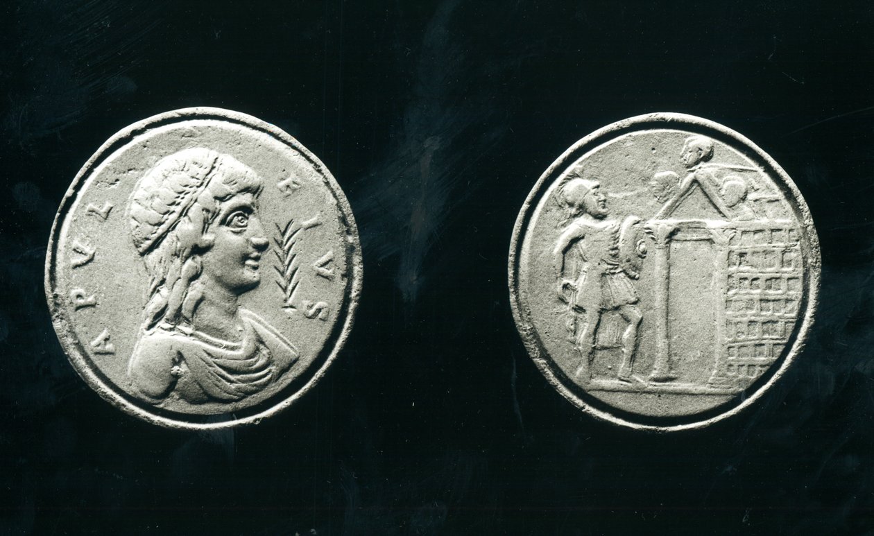 Contorniate representing Apuleius and Reverse depicting a Soldier before a Temple by Roman
