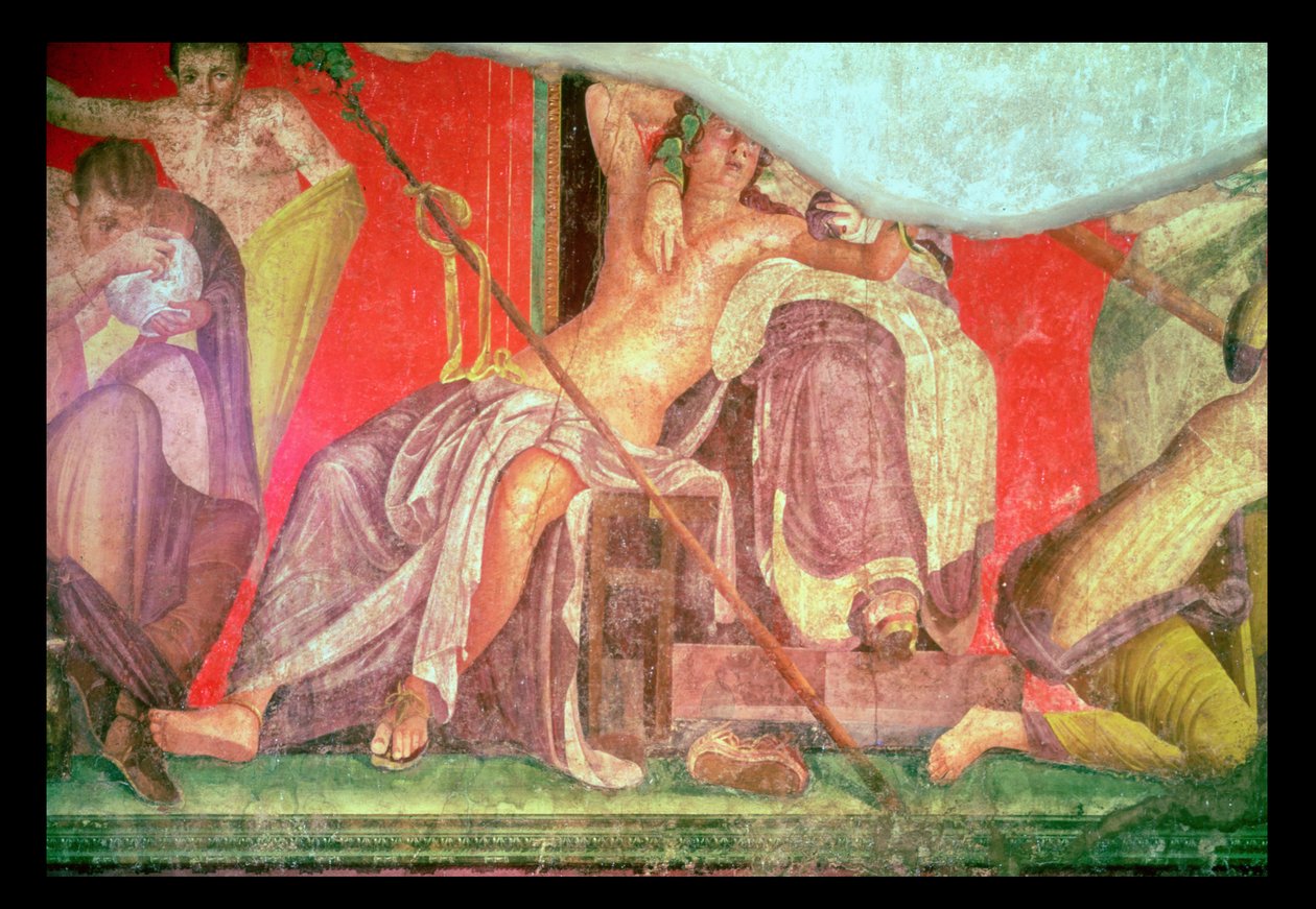 Dionysian Entourage with Dionysus Reclining into the Lap of a Woman (possibly Ariadne, Aphrodite or Semele), East Wall, Oecus 5 by Roman