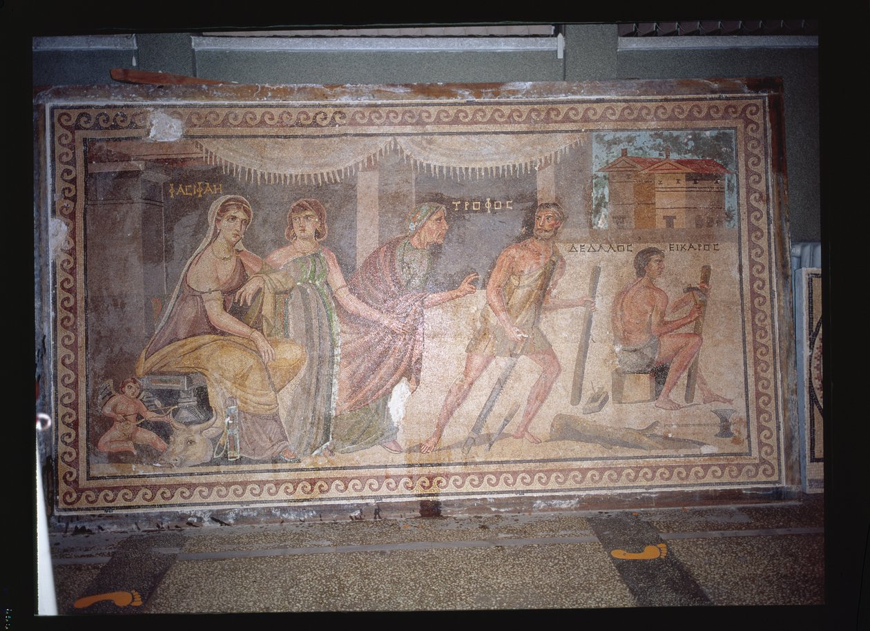 Floor depicting the fashioning of a wooden cow for Queen Pasiphae, from Belkis (now Zeugma) Turkey by Roman