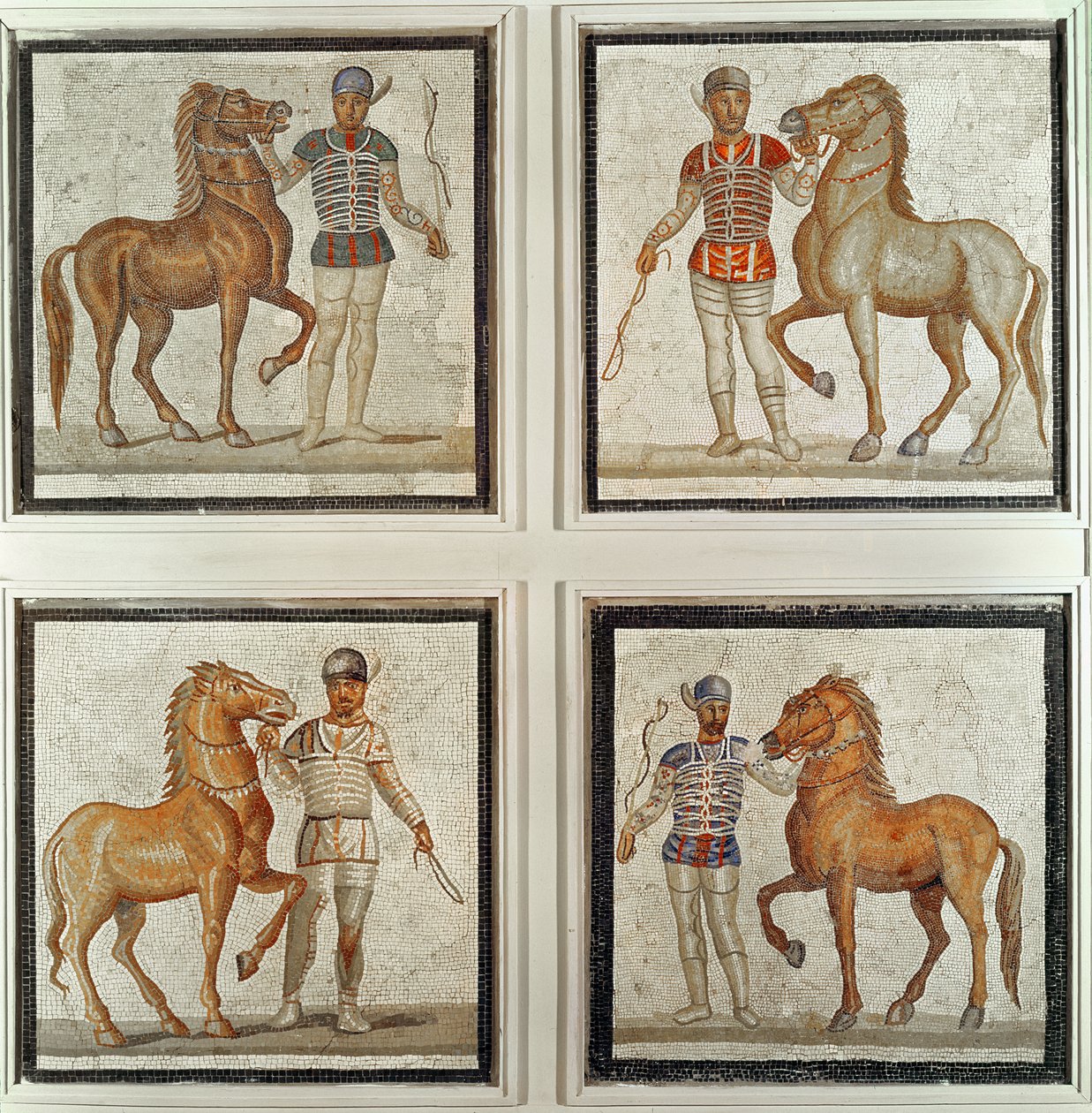 Four horse riders in their racing colours by Roman