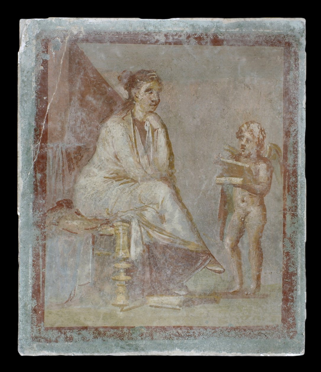 Framed vignette painted in fresco on a green wall: Cupid reveals the contents of a gilded box to a seated woman, 65-75 AD by Roman