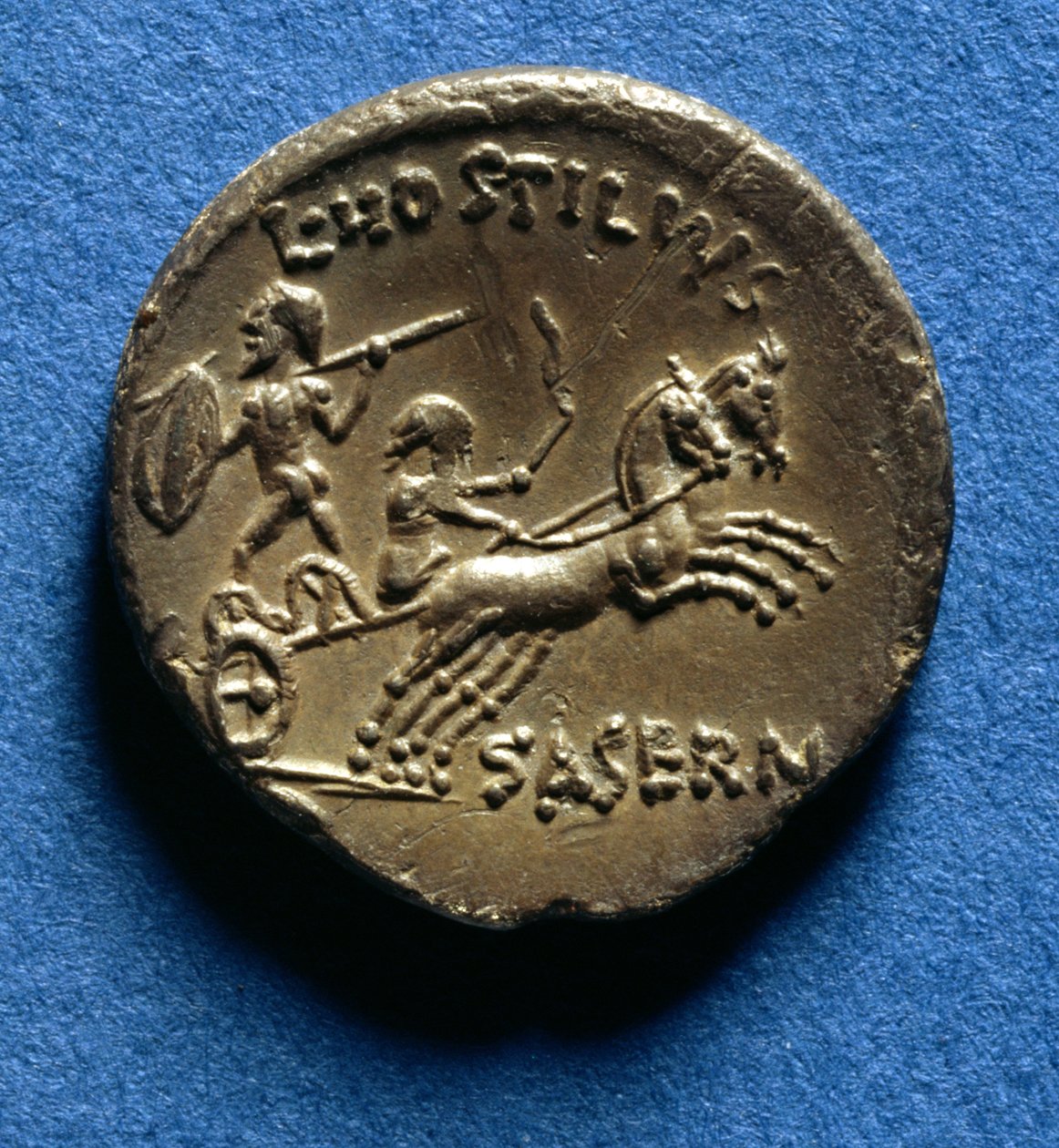 Roman Denarius decorated with a Charioteer and a Noble Warrior riding a Celtic War Chariot, c.48 BC by Roman
