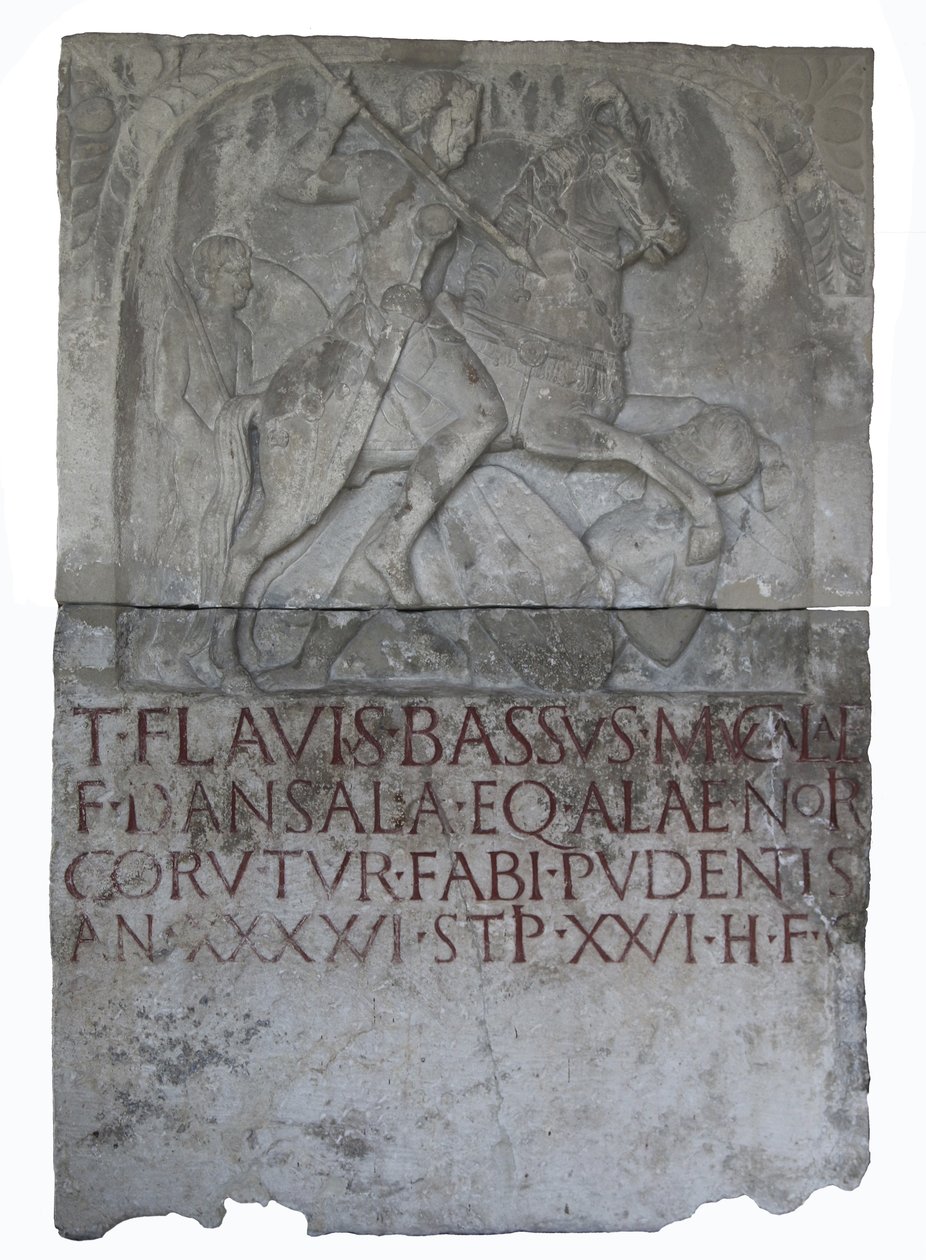 Tombstone of the Flavian-era eques alaris (ala cavalryman) Titus Flavius Bassus, son of Mucala. A Dansala by Roman