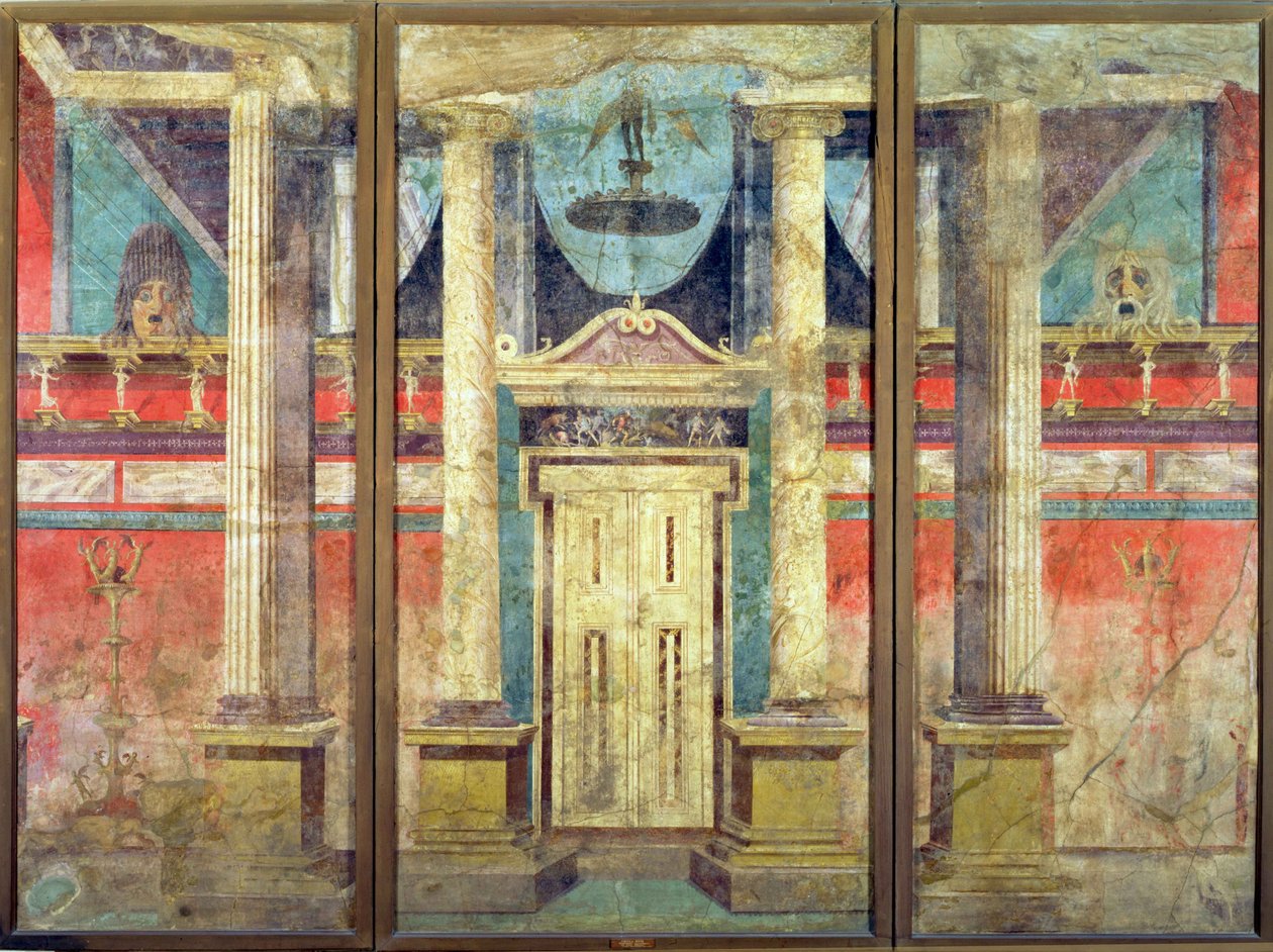 Wanddekoration aus der Villa von P. Fannius in Boscoreale, nahe Pompeji, abgeleitet von einem griechischen Bühnenbild, ca. 40-30 v. Chr. von Roman