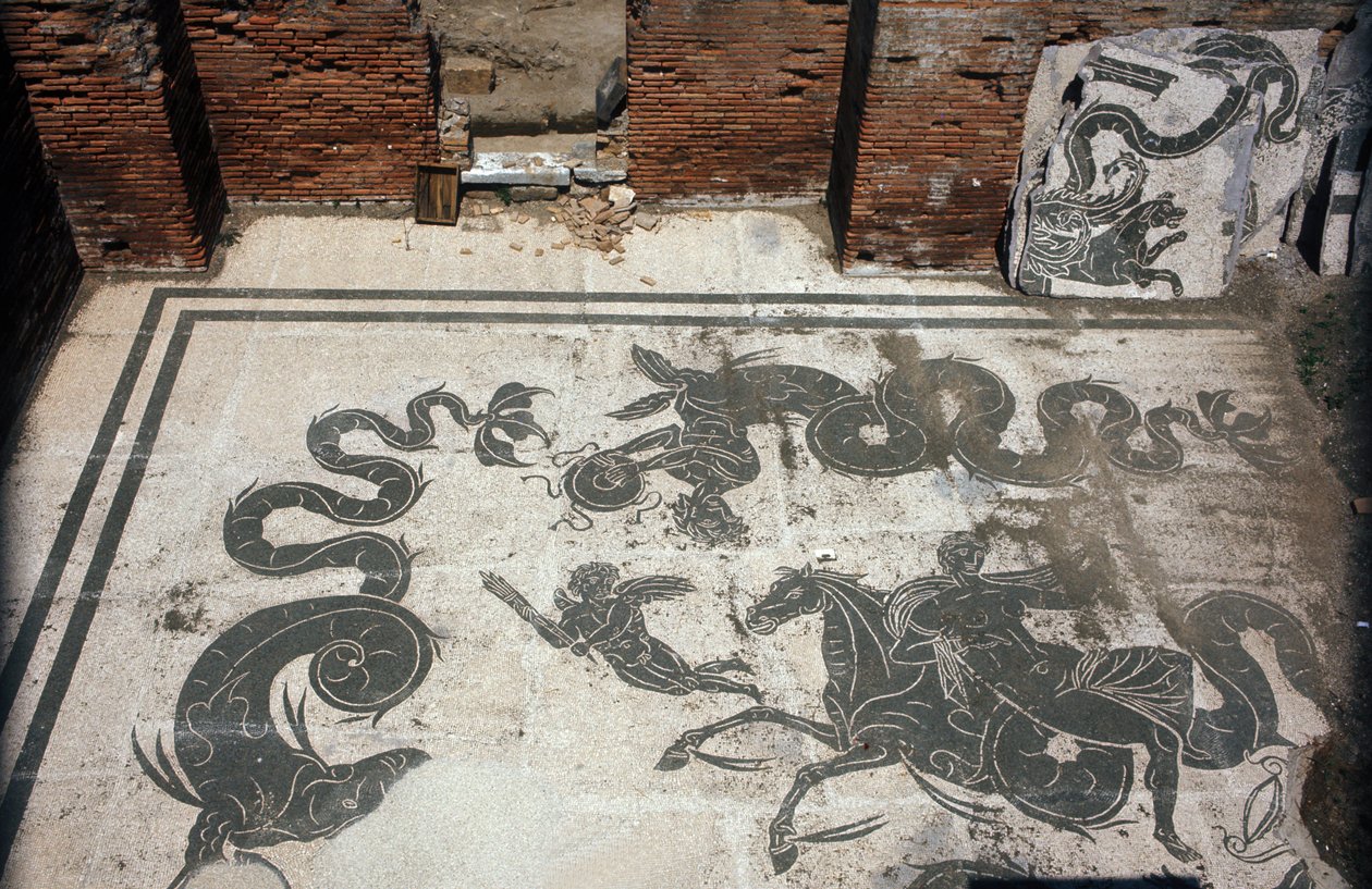 Ancient Ostia. Place des Corporations. Mosaic of the Sabratha Seafarers Corporation. Baths of Neptune by Roman